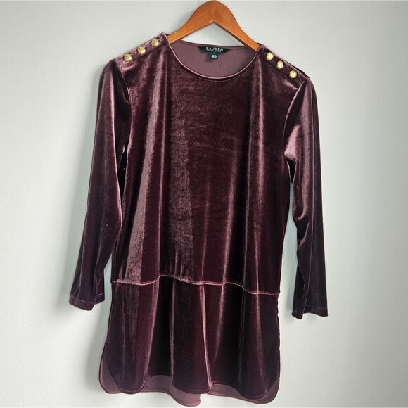 Lauren Ralph Lauren Velvet Peplum Tunic Blouse Women's Large Mauve Pink Buttons - Picture 7 of 13
